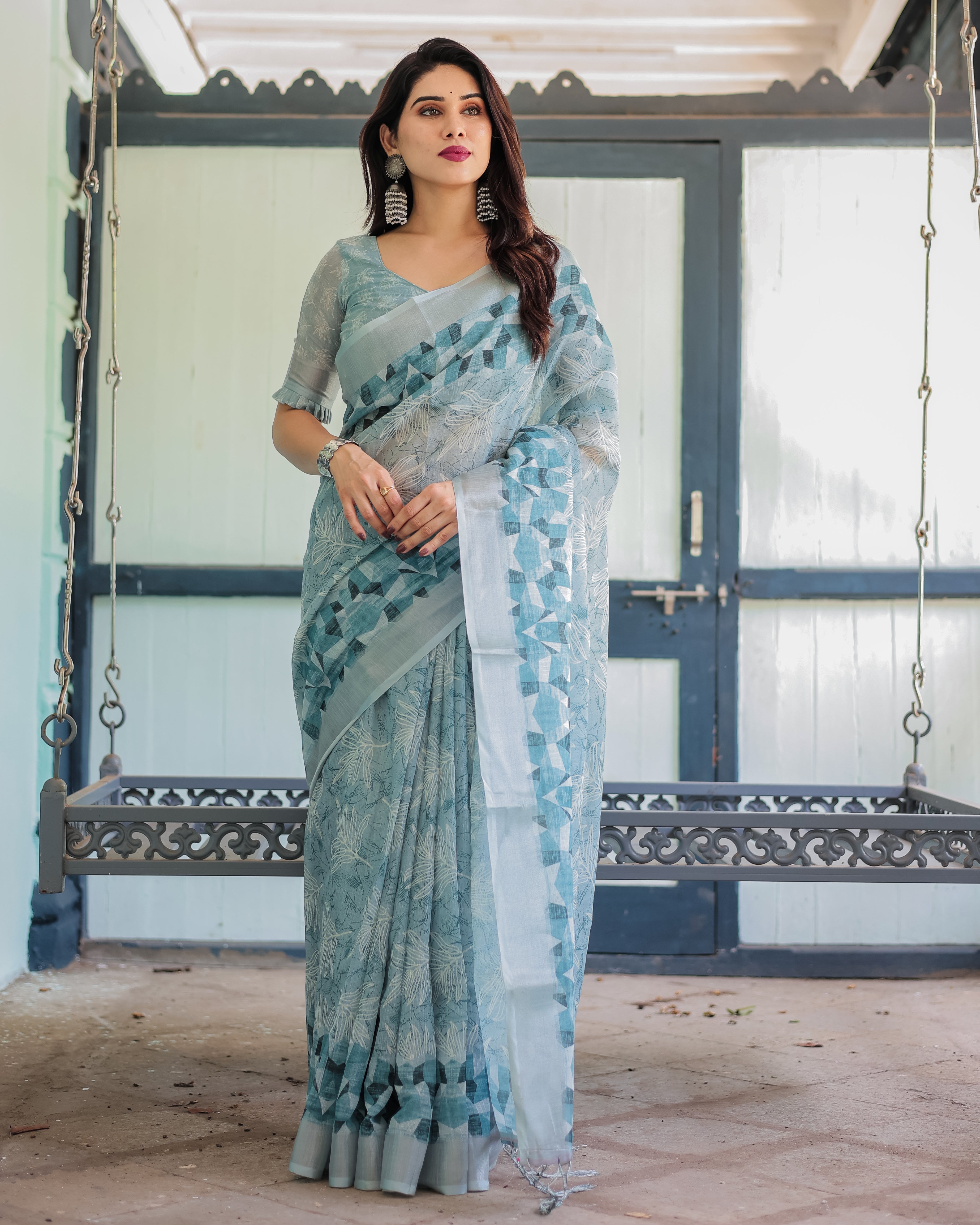 Light Blue Pure Cotton Linen Saree with Geometric and Floral Patterns, Blouse, and Tassels LINEN