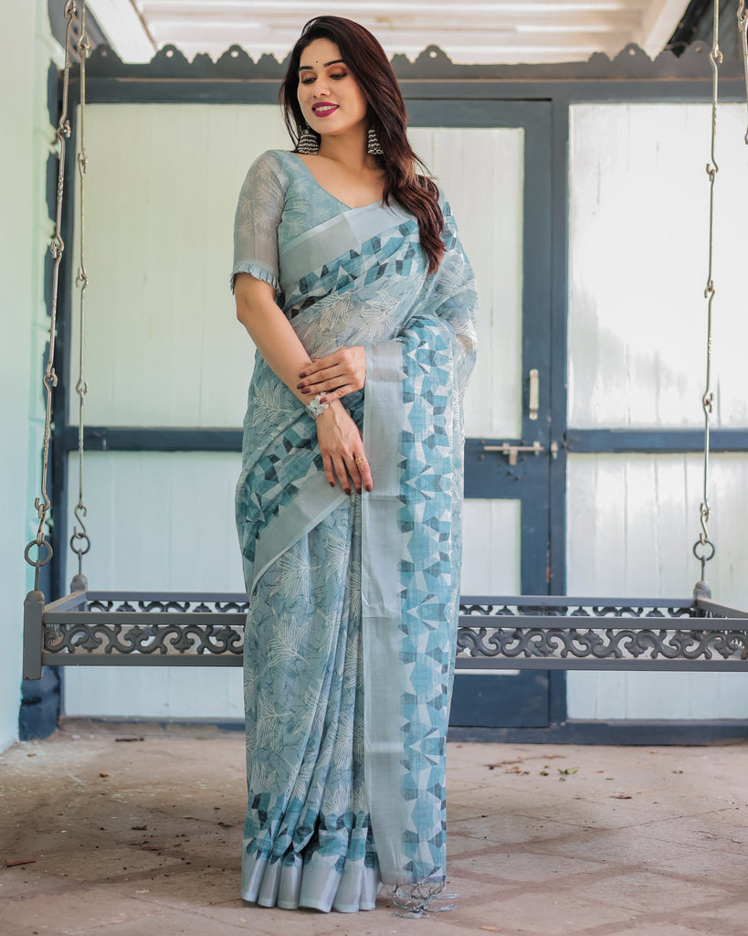 Light Blue Pure Cotton Linen Saree with Geometric and Floral Patterns, Blouse, and Tassels LINEN