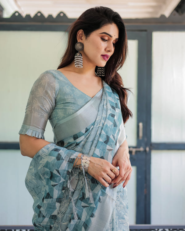 Light Blue Pure Cotton Linen Saree with Geometric and Floral Patterns, Blouse, and Tassels LINEN