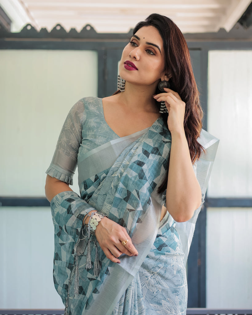 Light Blue Pure Cotton Linen Saree with Geometric and Floral Patterns, Blouse, and Tassels LINEN