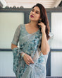 Load image into Gallery viewer, Light Blue Pure Cotton Linen Saree with Geometric and Floral Patterns, Blouse, and Tassels LINEN