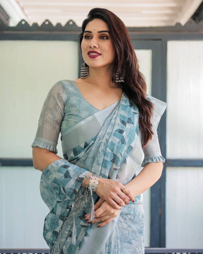 Light Blue Pure Cotton Linen Saree with Geometric and Floral Patterns, Blouse, and Tassels LINEN