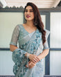 Load image into Gallery viewer, Light Blue Pure Cotton Linen Saree with Geometric and Floral Patterns, Blouse, and Tassels LINEN
