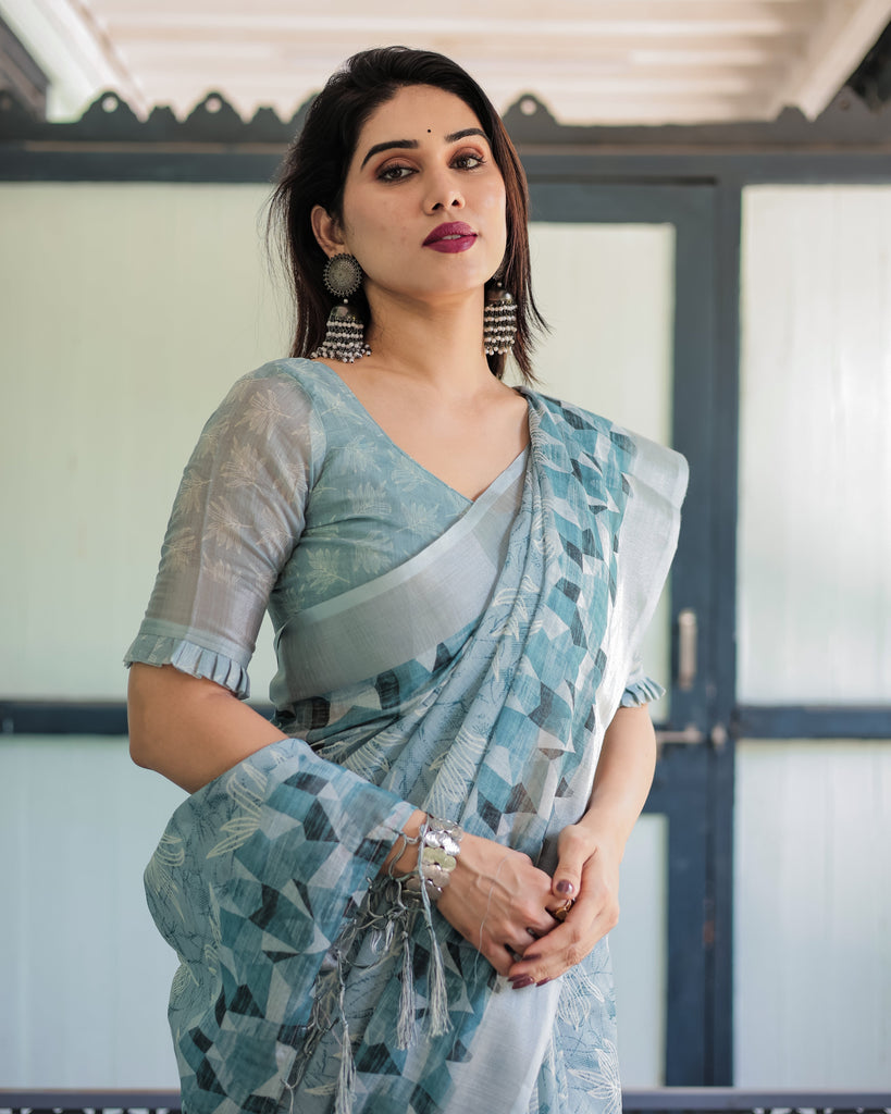 Light Blue Pure Cotton Linen Saree with Geometric and Floral Patterns, Blouse, and Tassels LINEN