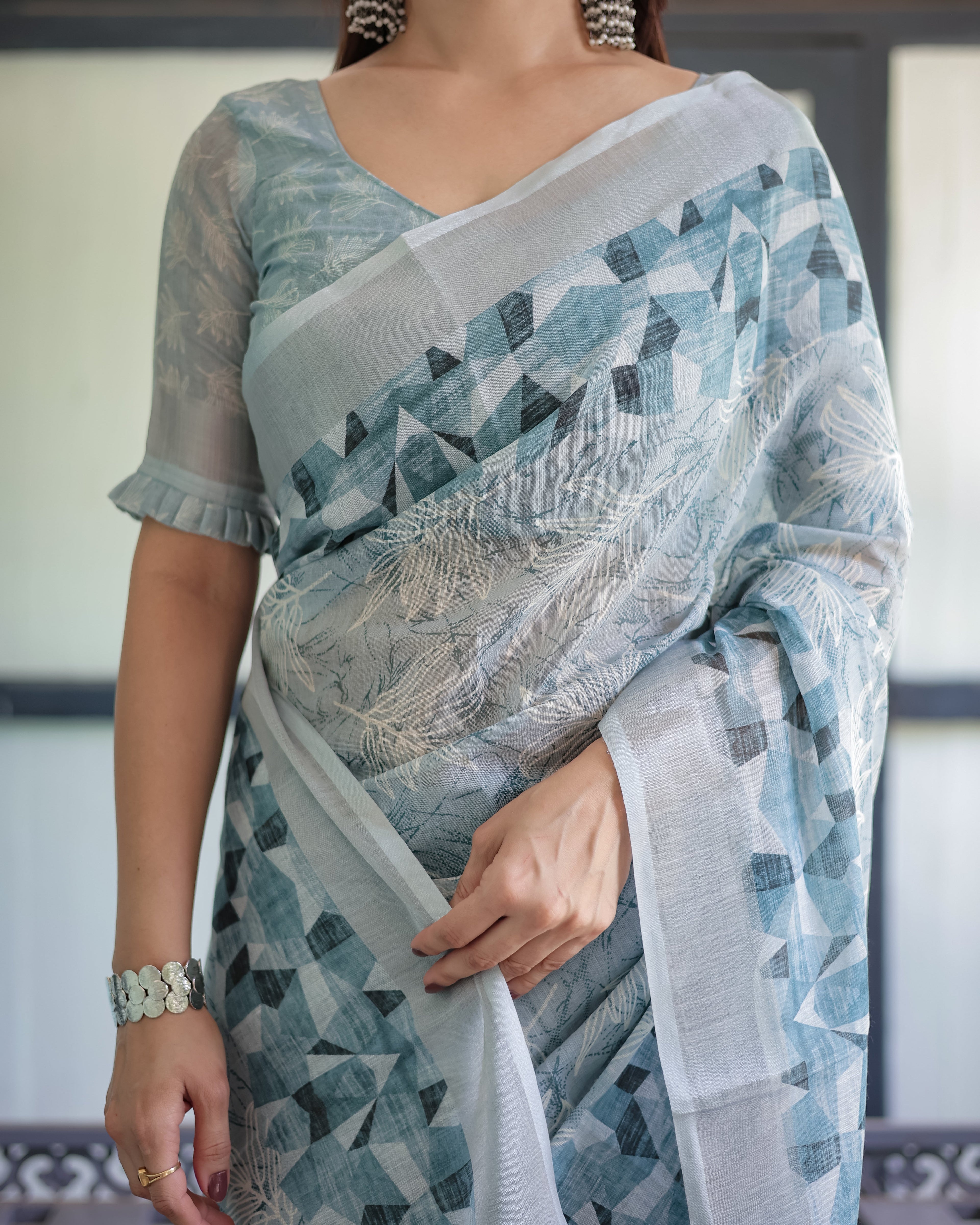 Light Blue Pure Cotton Linen Saree with Geometric and Floral Patterns, Blouse, and Tassels LINEN