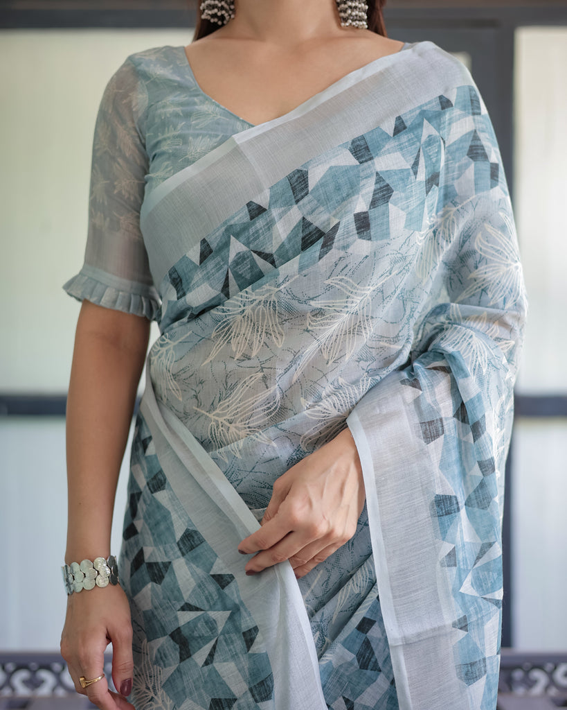 Light Blue Pure Cotton Linen Saree with Geometric and Floral Patterns, Blouse, and Tassels LINEN