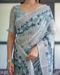 Load image into Gallery viewer, Light Blue Pure Cotton Linen Saree with Geometric and Floral Patterns, Blouse, and Tassels LINEN