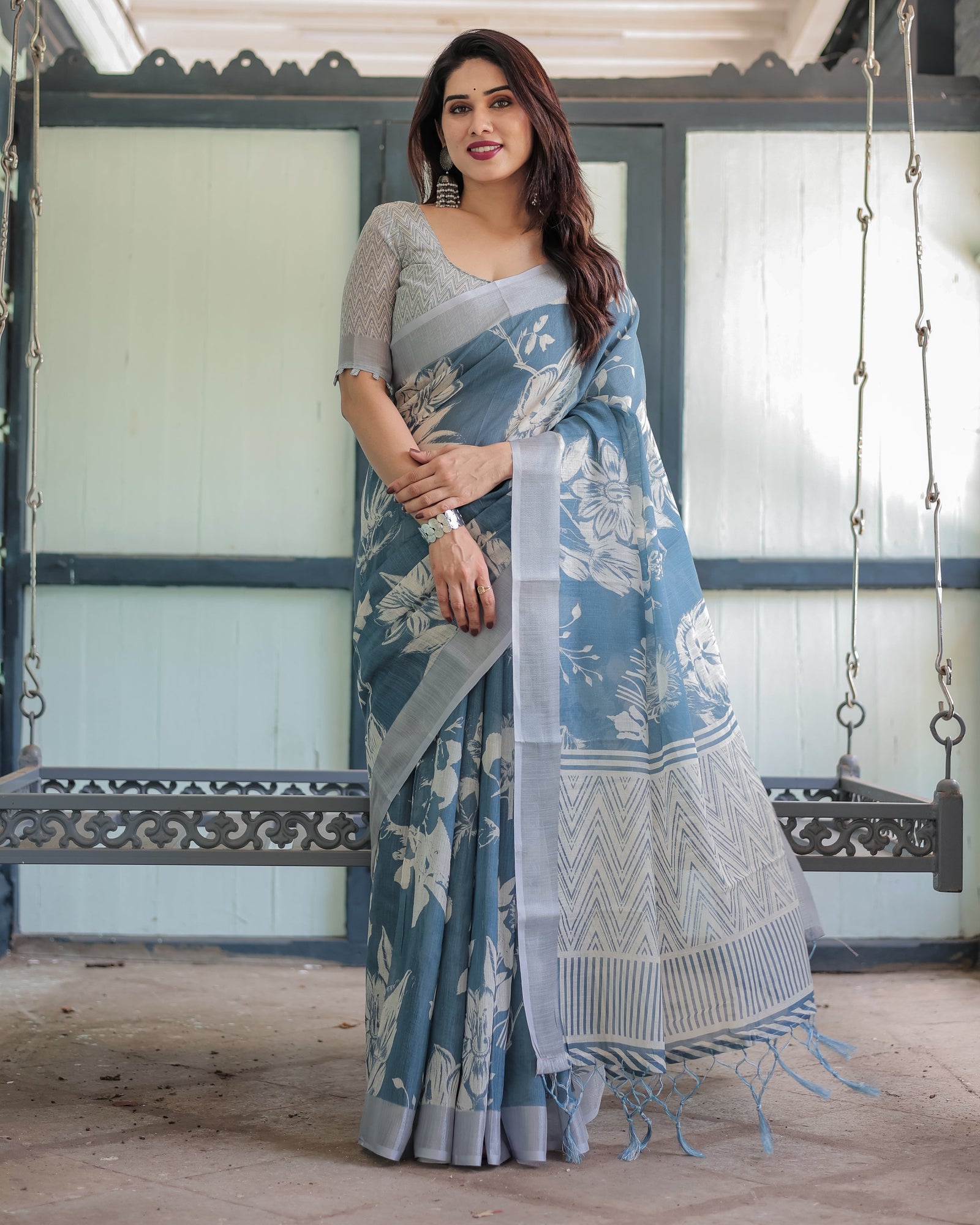 Pastel Blue Floral and Geometric Printed Cotton Linen Saree with Blouse and Tassel Edges LINEN