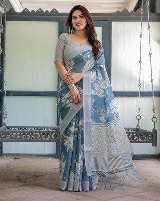 Pastel Blue Floral and Geometric Printed Cotton Linen Saree with Blouse and Tassel Edges LINEN