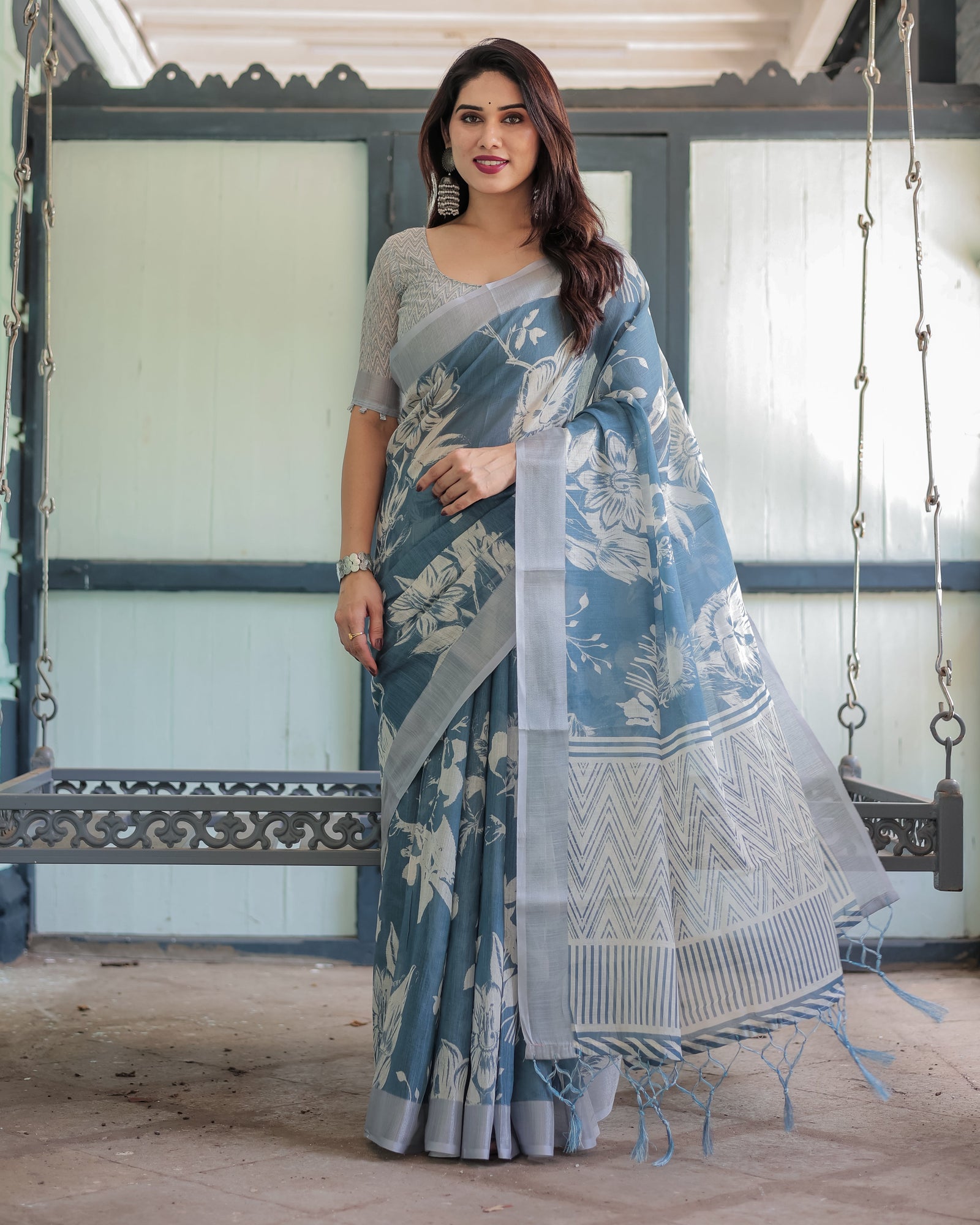 Pastel Blue Floral and Geometric Printed Cotton Linen Saree with Blouse and Tassel Edges LINEN