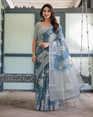 Pastel Blue Floral and Geometric Printed Cotton Linen Saree with Blouse and Tassel Edges LINEN