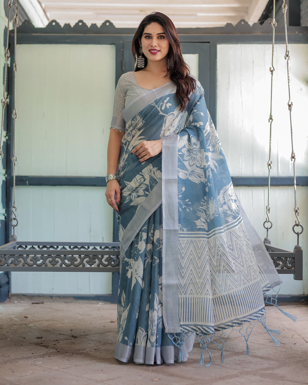 Pastel Blue Floral and Geometric Printed Cotton Linen Saree with Blouse and Tassel Edges LINEN
