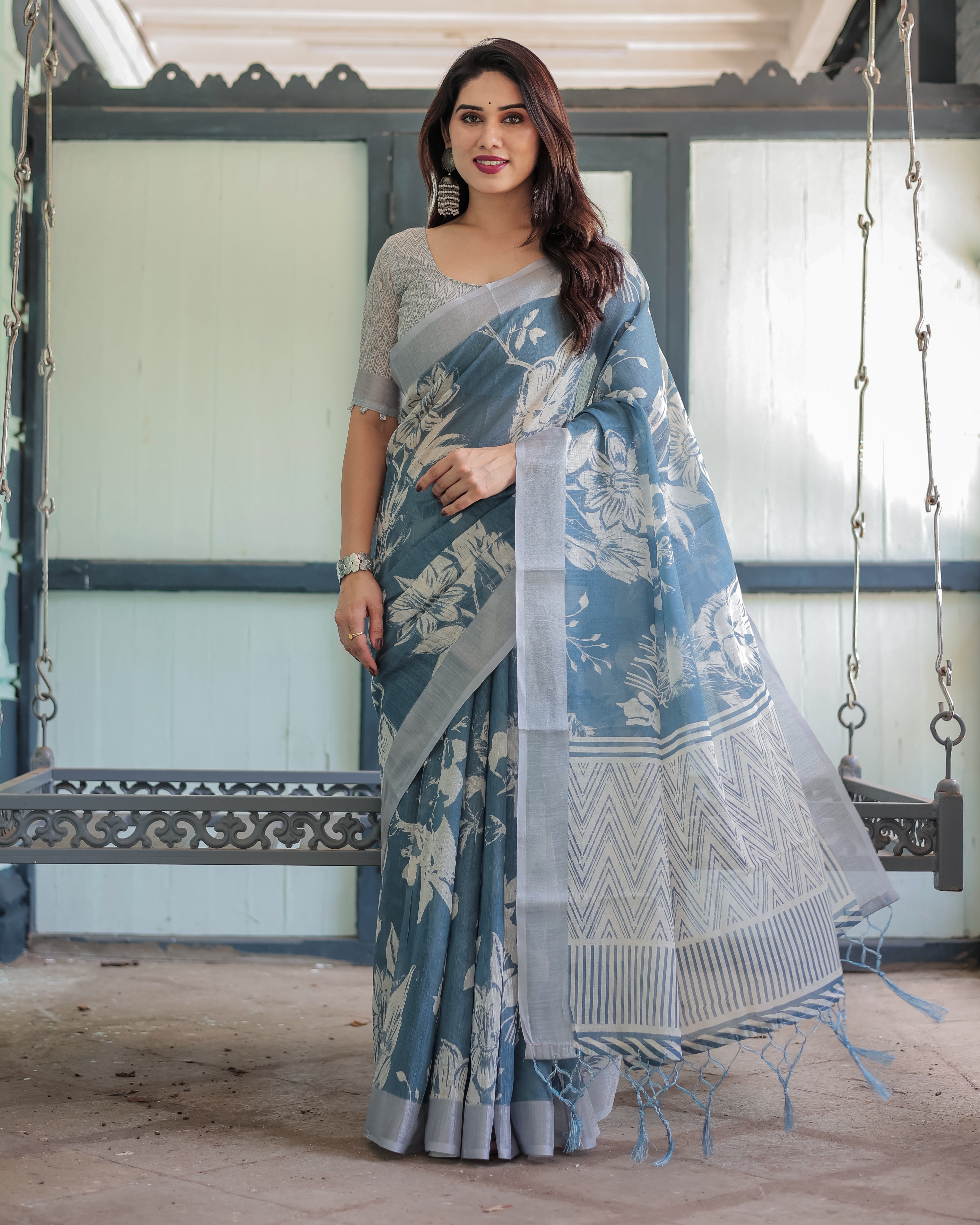 Pastel Blue Floral and Geometric Printed Cotton Linen Saree with Blouse and Tassel Edges LINEN