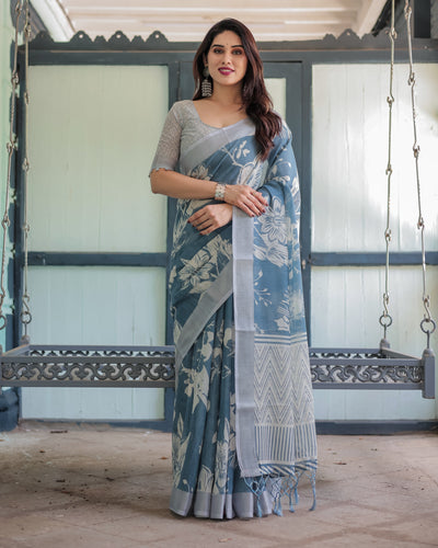 Pastel Blue Floral and Geometric Printed Cotton Linen Saree with Blouse and Tassel Edges LINEN