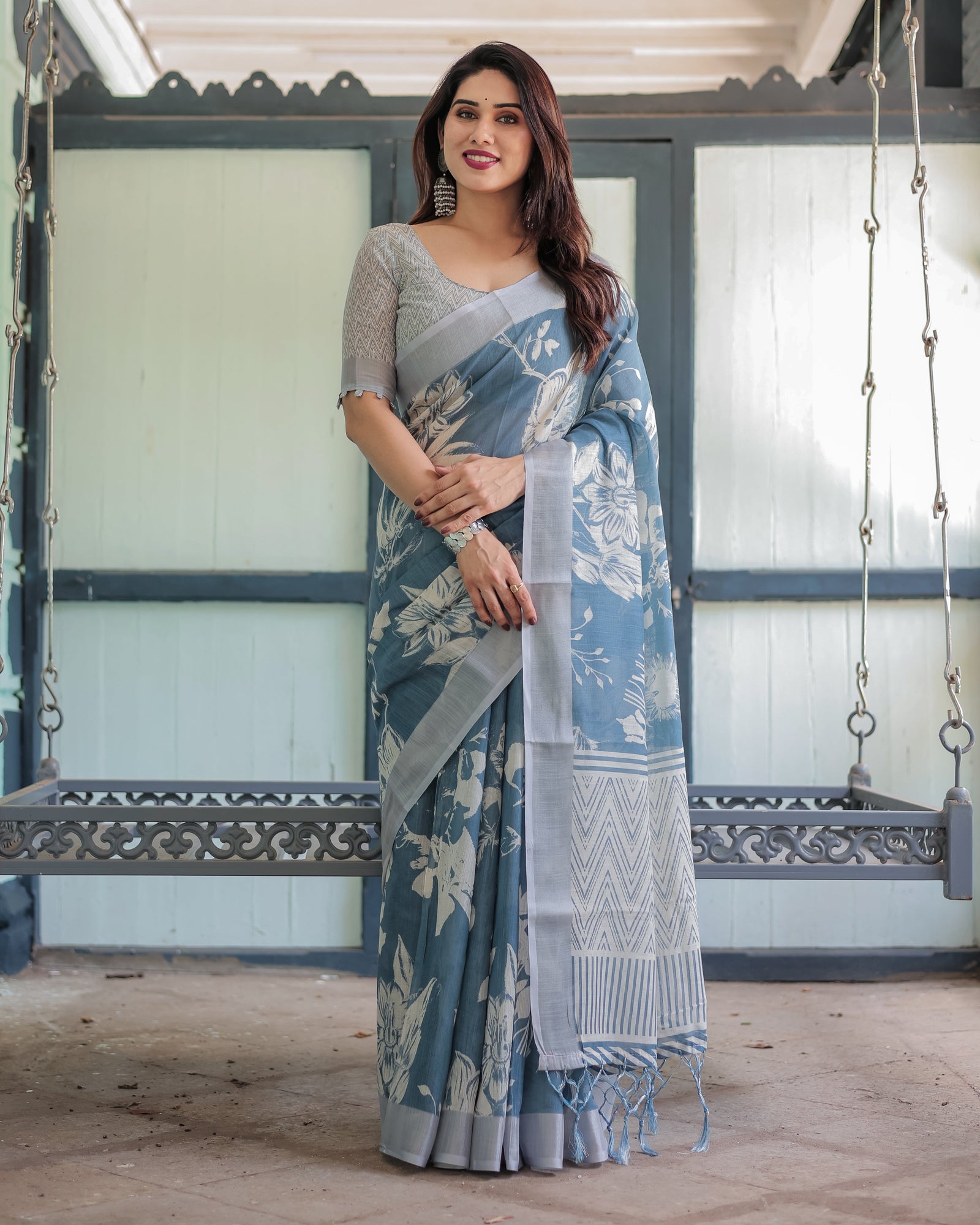 Pastel Blue Floral and Geometric Printed Cotton Linen Saree with Blouse and Tassel Edges LINEN