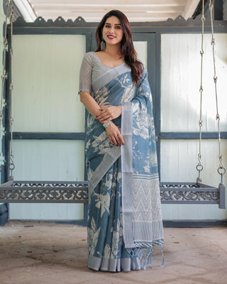 Pastel Blue Floral and Geometric Printed Cotton Linen Saree with Blouse and Tassel Edges LINEN