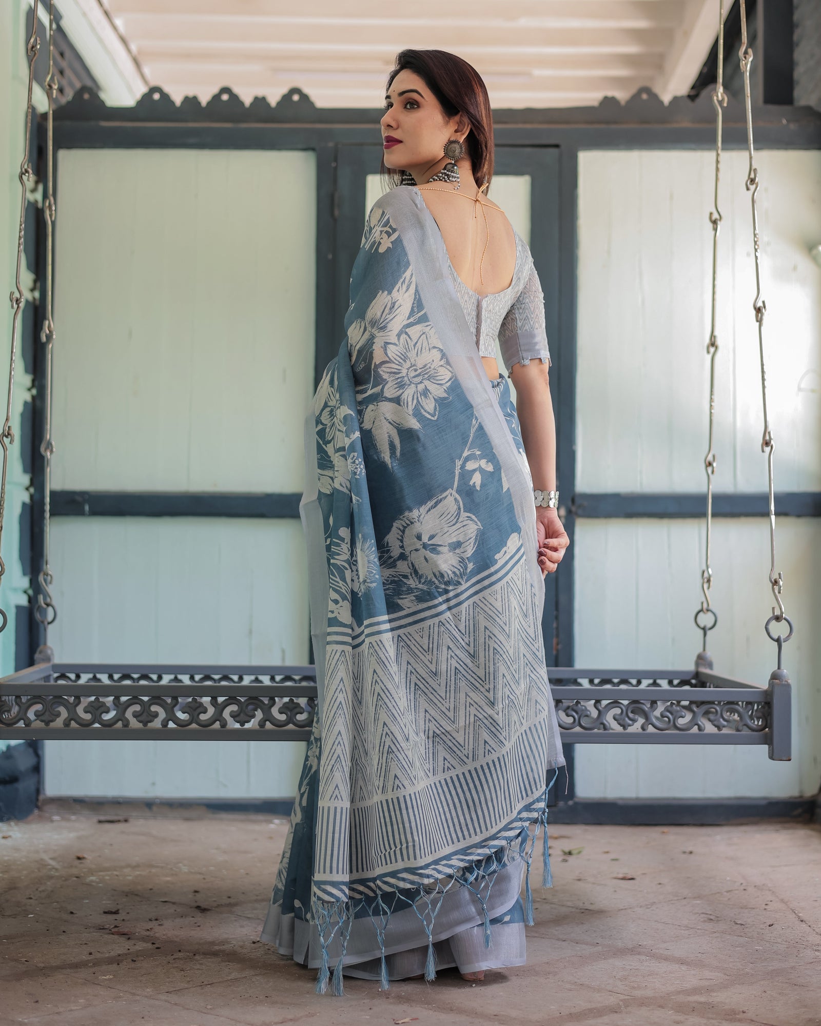 Pastel Blue Floral and Geometric Printed Cotton Linen Saree with Blouse and Tassel Edges LINEN