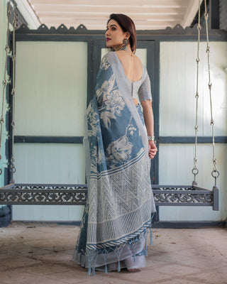 Pastel Blue Floral and Geometric Printed Cotton Linen Saree with Blouse and Tassel Edges LINEN