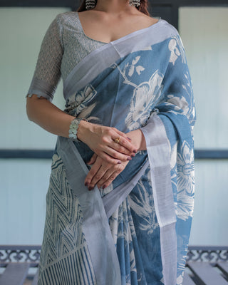 Pastel Blue Floral and Geometric Printed Cotton Linen Saree with Blouse and Tassel Edges LINEN