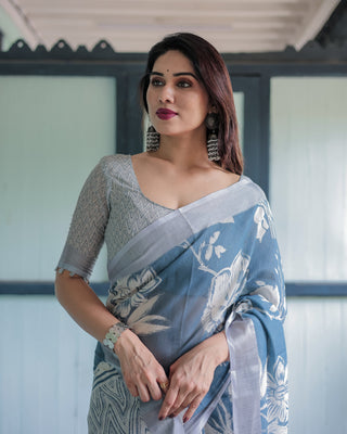 Pastel Blue Floral and Geometric Printed Cotton Linen Saree with Blouse and Tassel Edges LINEN