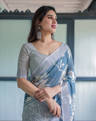 Pastel Blue Floral and Geometric Printed Cotton Linen Saree with Blouse and Tassel Edges LINEN