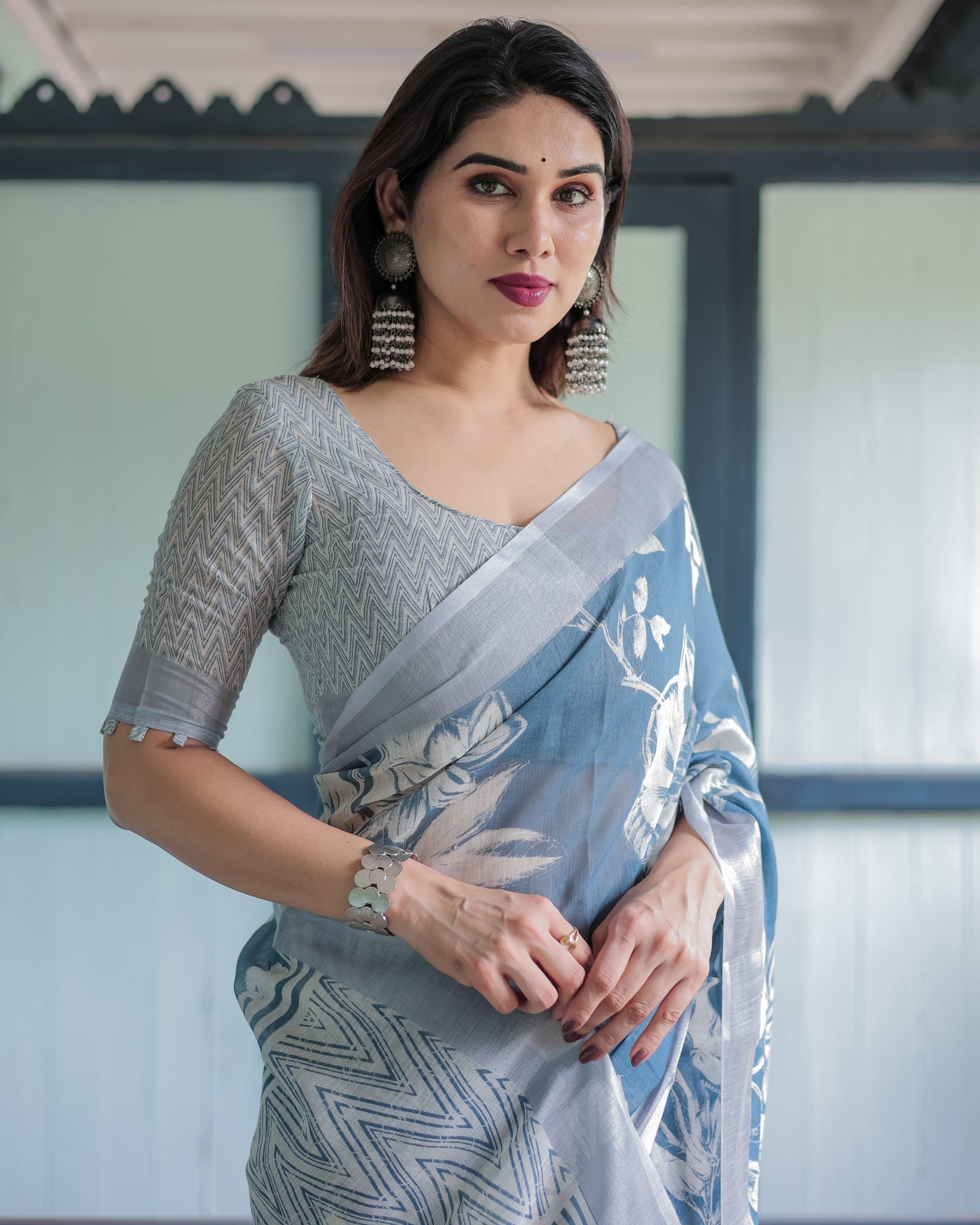 Pastel Blue Floral and Geometric Printed Cotton Linen Saree with Blouse and Tassel Edges LINEN