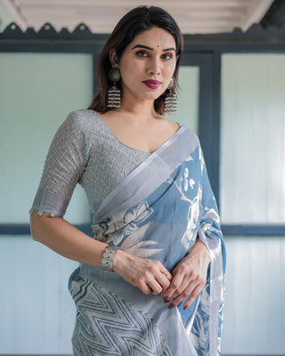 Pastel Blue Floral and Geometric Printed Cotton Linen Saree with Blouse and Tassel Edges LINEN