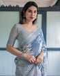Load image into Gallery viewer, Pastel Blue Floral and Geometric Printed Cotton Linen Saree with Blouse and Tassel Edges LINEN