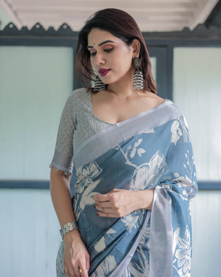 Pastel Blue Floral and Geometric Printed Cotton Linen Saree with Blouse and Tassel Edges LINEN