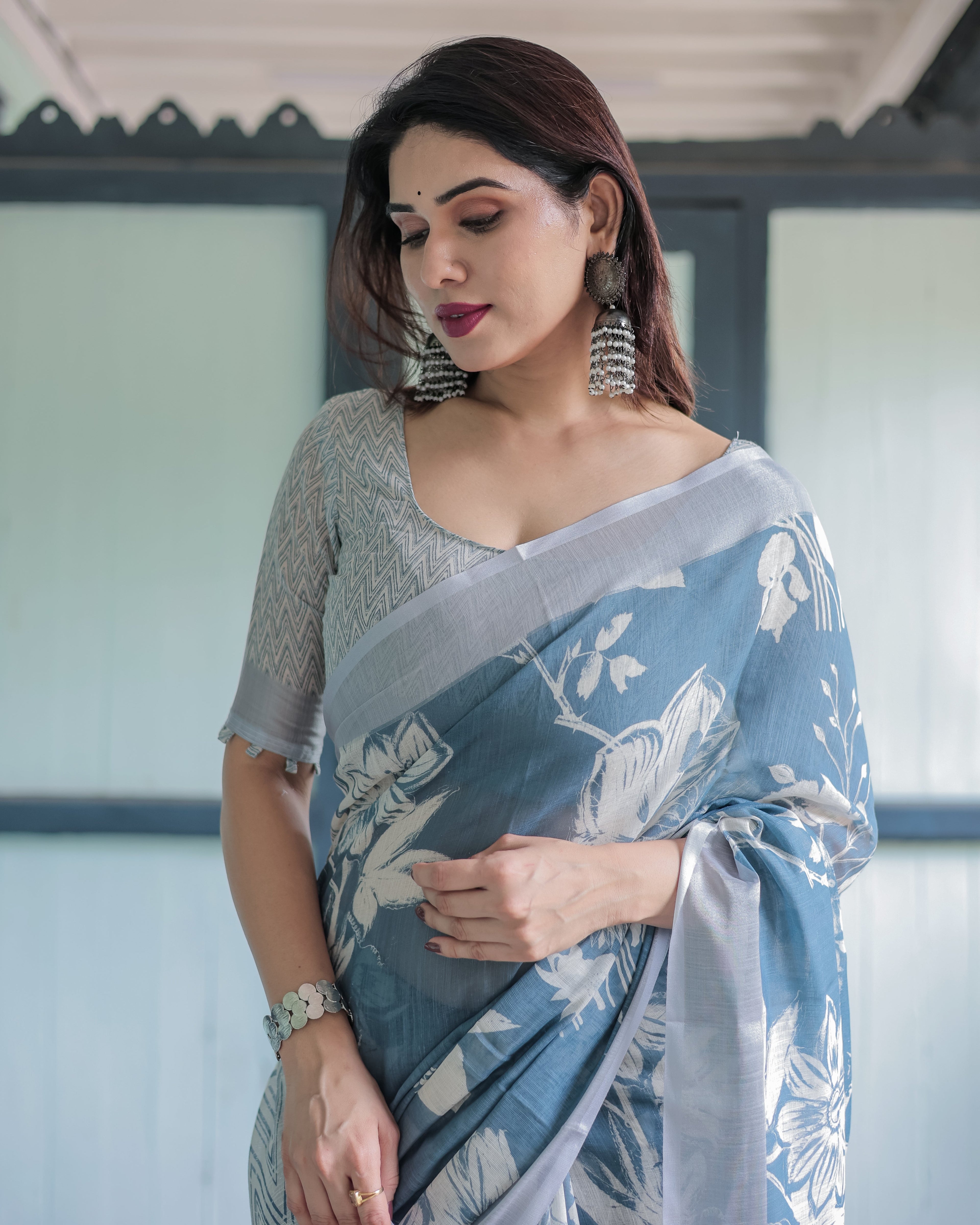 Pastel Blue Floral and Geometric Printed Cotton Linen Saree with Blouse and Tassel Edges LINEN
