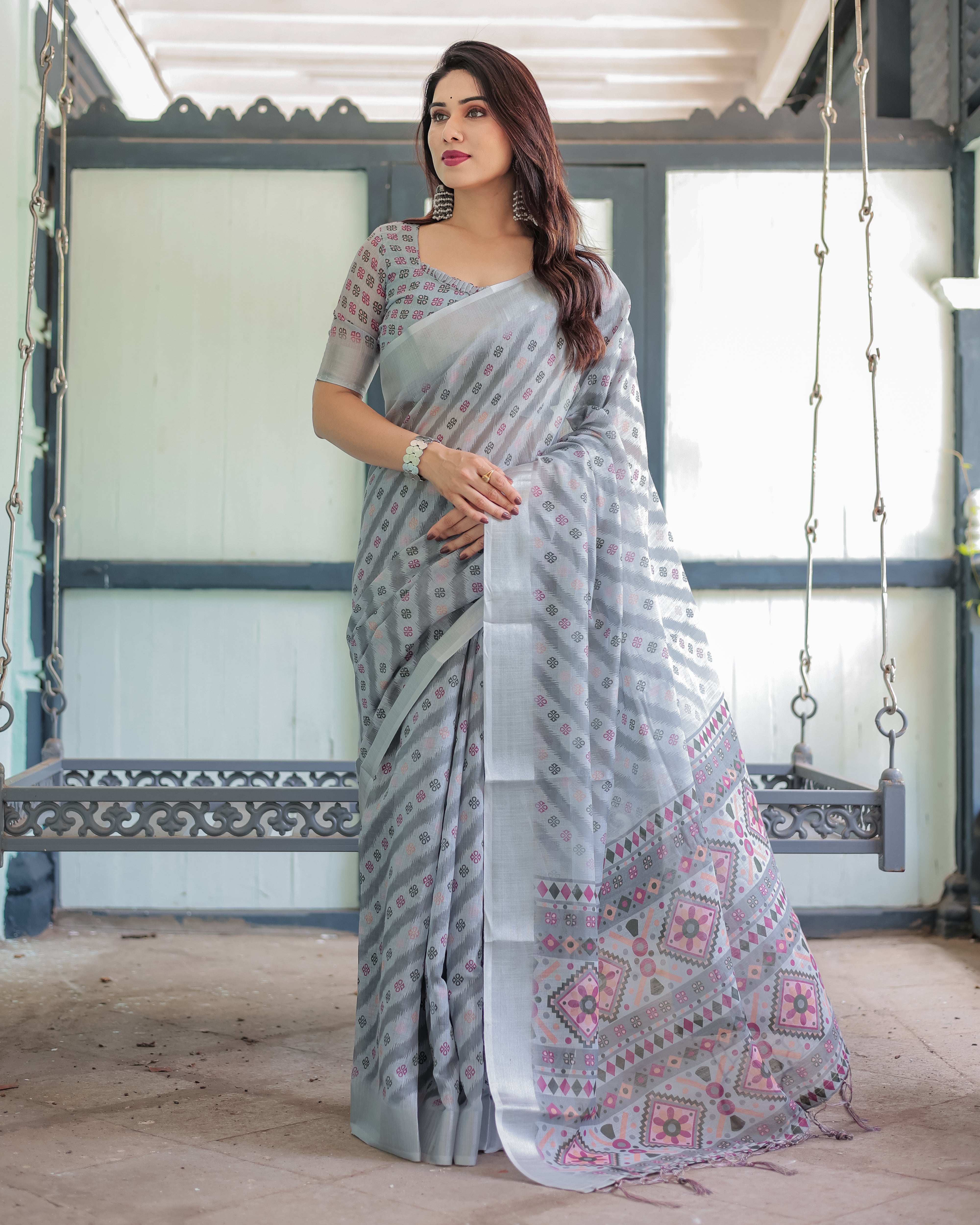 Grey Pastel Geometric & Floral Print Pure Cotton Linen Saree with Blouse and Tassels LINEN Main image