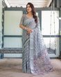 Load image into Gallery viewer, Grey Pastel Geometric &amp; Floral Print Pure Cotton Linen Saree with Blouse and Tassels LINEN