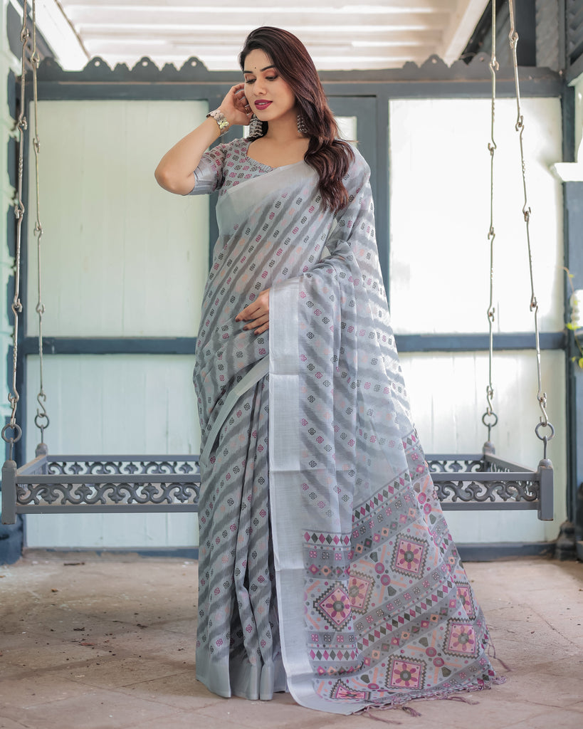 Grey Pastel Geometric & Floral Print Pure Cotton Linen Saree with Blouse and Tassels LINEN