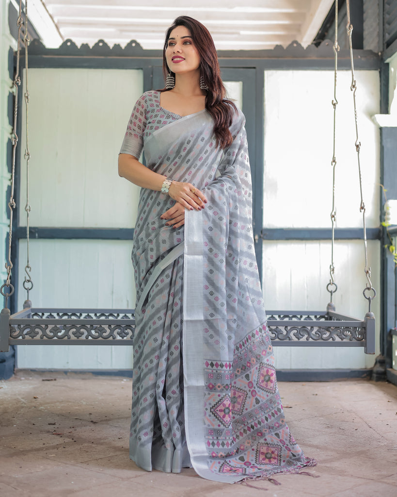 Grey Pastel Geometric & Floral Print Pure Cotton Linen Saree with Blouse and Tassels LINEN
