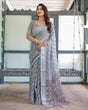 Load image into Gallery viewer, Grey Pastel Geometric &amp; Floral Print Pure Cotton Linen Saree with Blouse and Tassels LINEN
