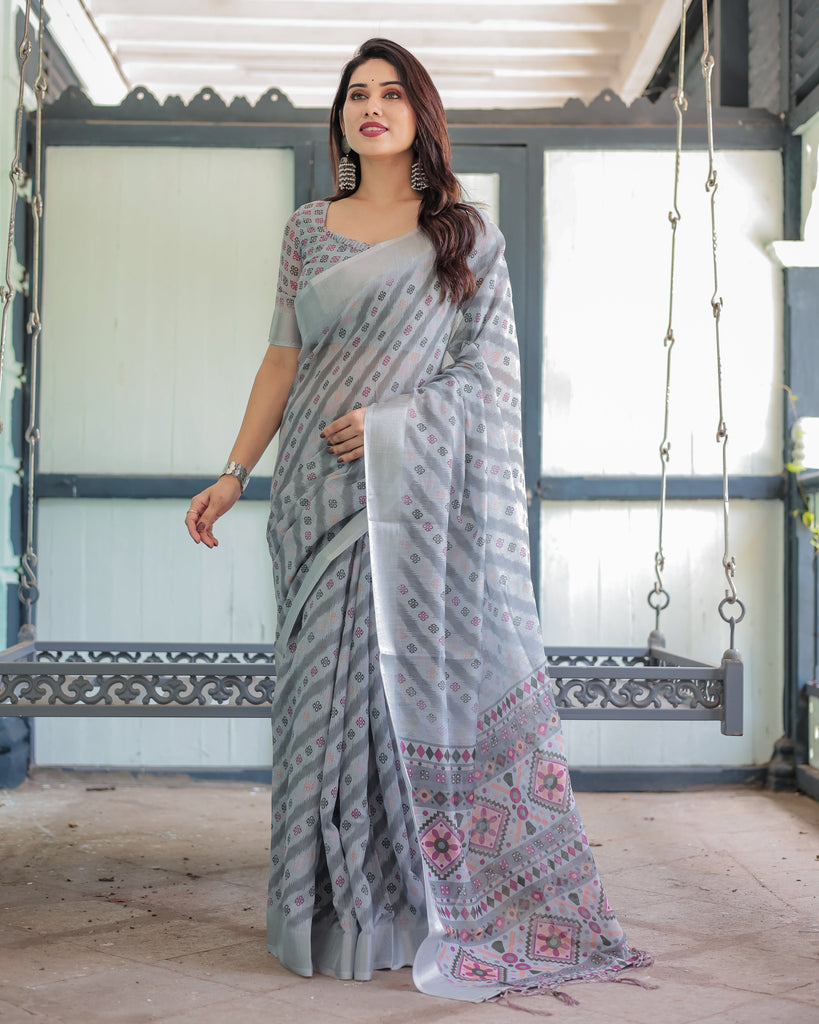 Grey Pastel Geometric & Floral Print Pure Cotton Linen Saree with Blouse and Tassels LINEN
