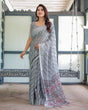 Load image into Gallery viewer, Grey Pastel Geometric &amp; Floral Print Pure Cotton Linen Saree with Blouse and Tassels LINEN