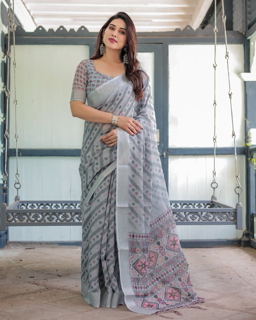 Grey Pastel Geometric & Floral Print Pure Cotton Linen Saree with Blouse and Tassels LINEN