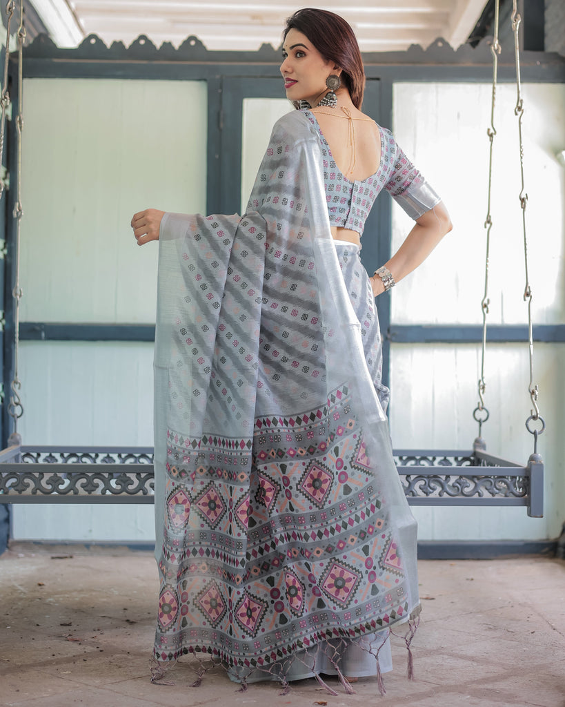 Grey Pastel Geometric & Floral Print Pure Cotton Linen Saree with Blouse and Tassels LINEN