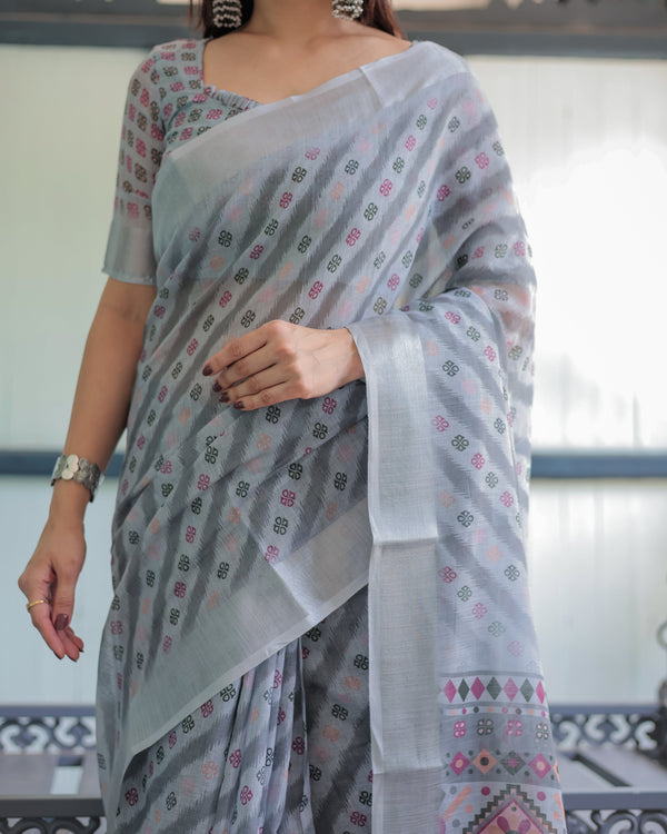 Grey Pastel Geometric & Floral Print Pure Cotton Linen Saree with Blouse and Tassels LINEN