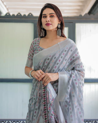 Grey Pastel Geometric & Floral Print Pure Cotton Linen Saree with Blouse and Tassels LINEN