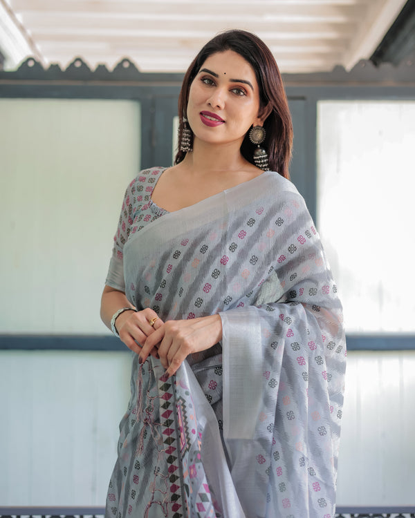Grey Pastel Geometric & Floral Print Pure Cotton Linen Saree with Blouse and Tassels LINEN