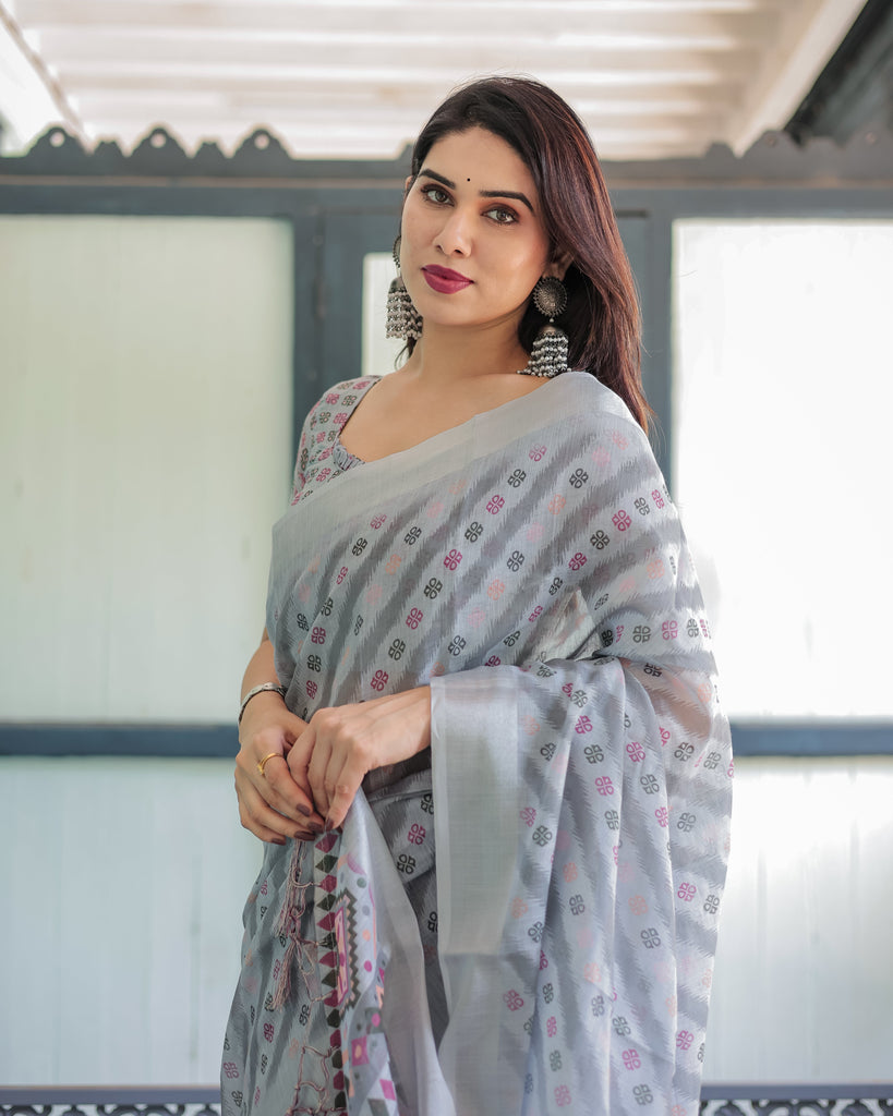Grey Pastel Geometric & Floral Print Pure Cotton Linen Saree with Blouse and Tassels LINEN
