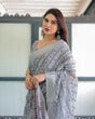 Load image into Gallery viewer, Grey Pastel Geometric &amp; Floral Print Pure Cotton Linen Saree with Blouse and Tassels LINEN