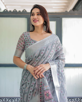 Grey Pastel Geometric & Floral Print Pure Cotton Linen Saree with Blouse and Tassels LINEN