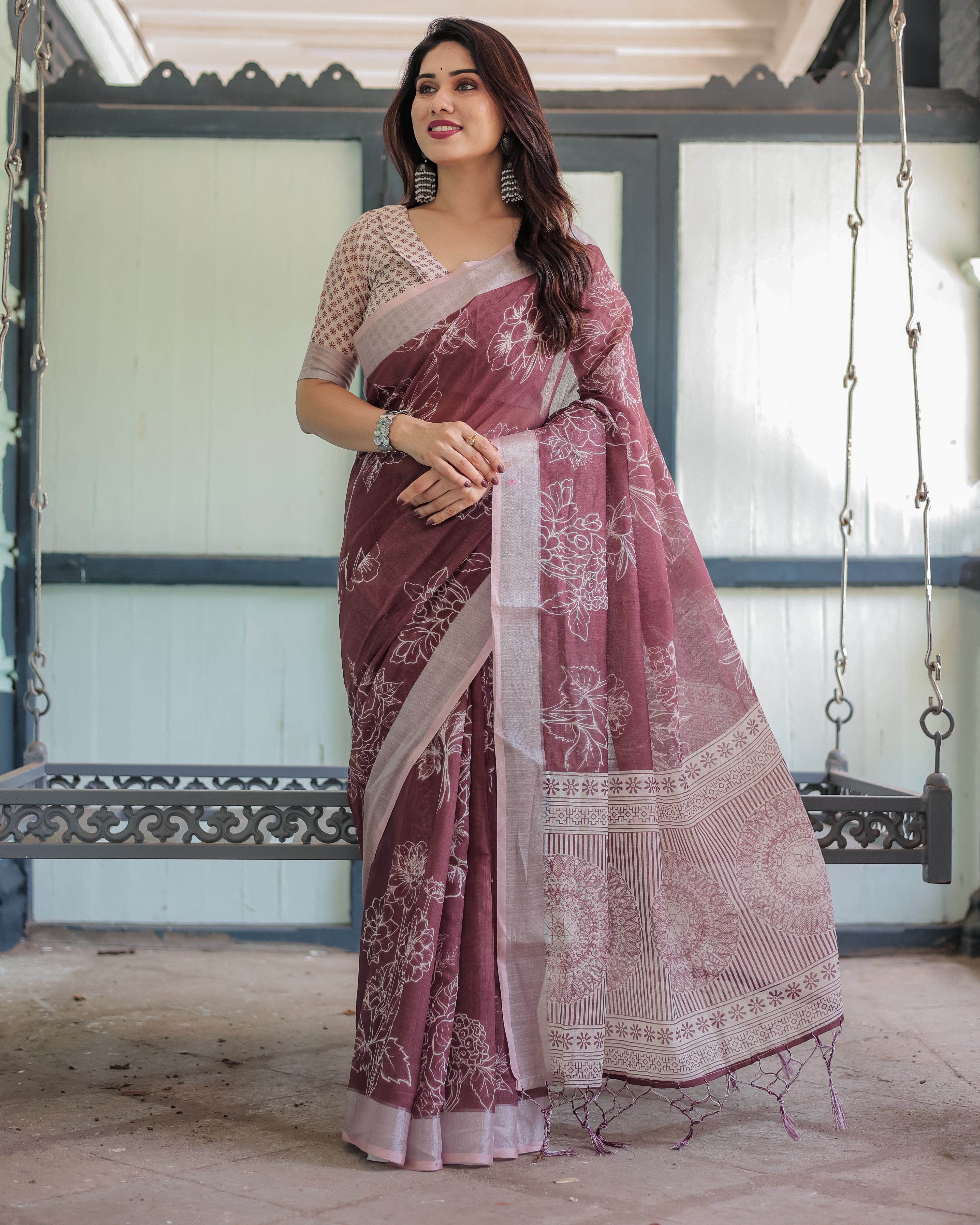 Maroon Floral Printed Pure Cotton Linen Saree with Blouse and Tassels LINEN Main image