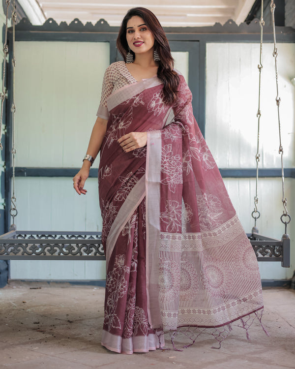 Maroon Floral Printed Pure Cotton Linen Saree with Blouse and Tassels LINEN