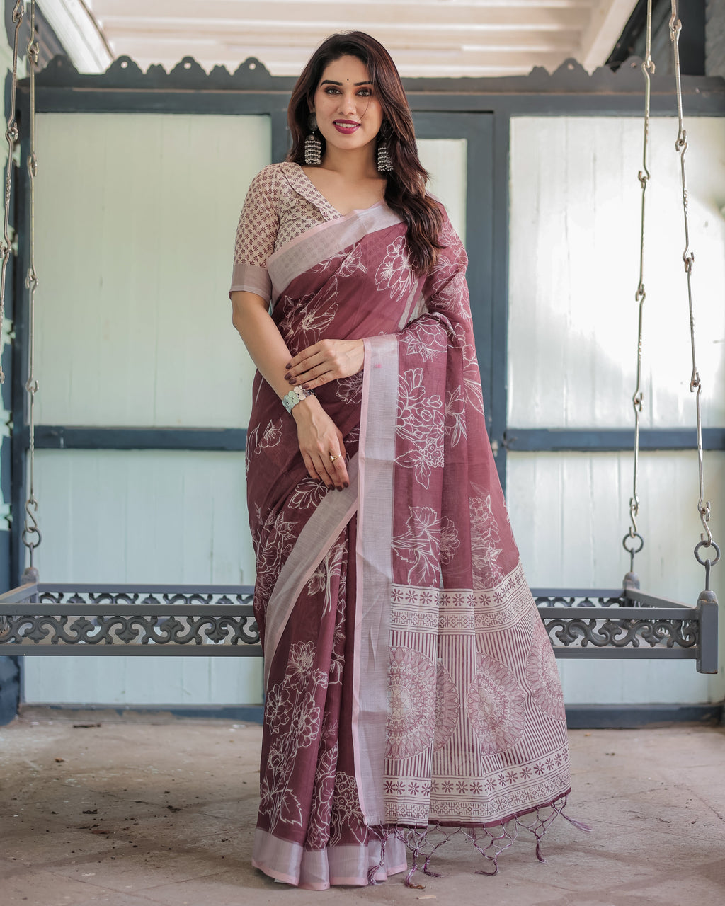 Maroon Floral Printed Pure Cotton Linen Saree with Blouse and Tassels LINEN