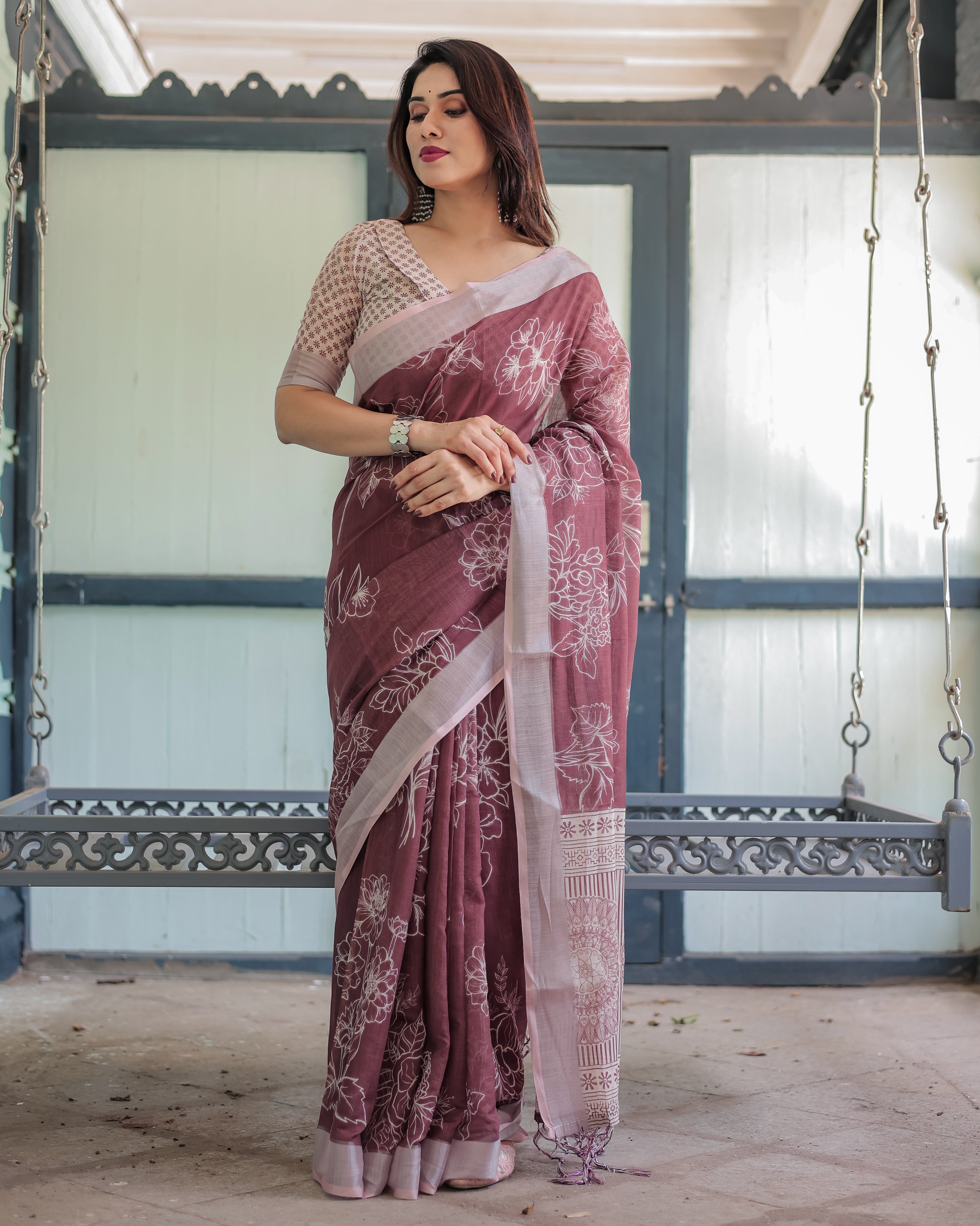 Maroon Floral Printed Pure Cotton Linen Saree with Blouse and Tassels Secondary image