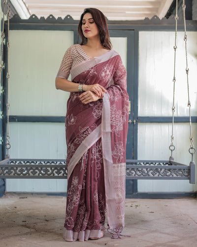 Maroon Floral Printed Pure Cotton Linen Saree with Blouse and Tassels LINEN
